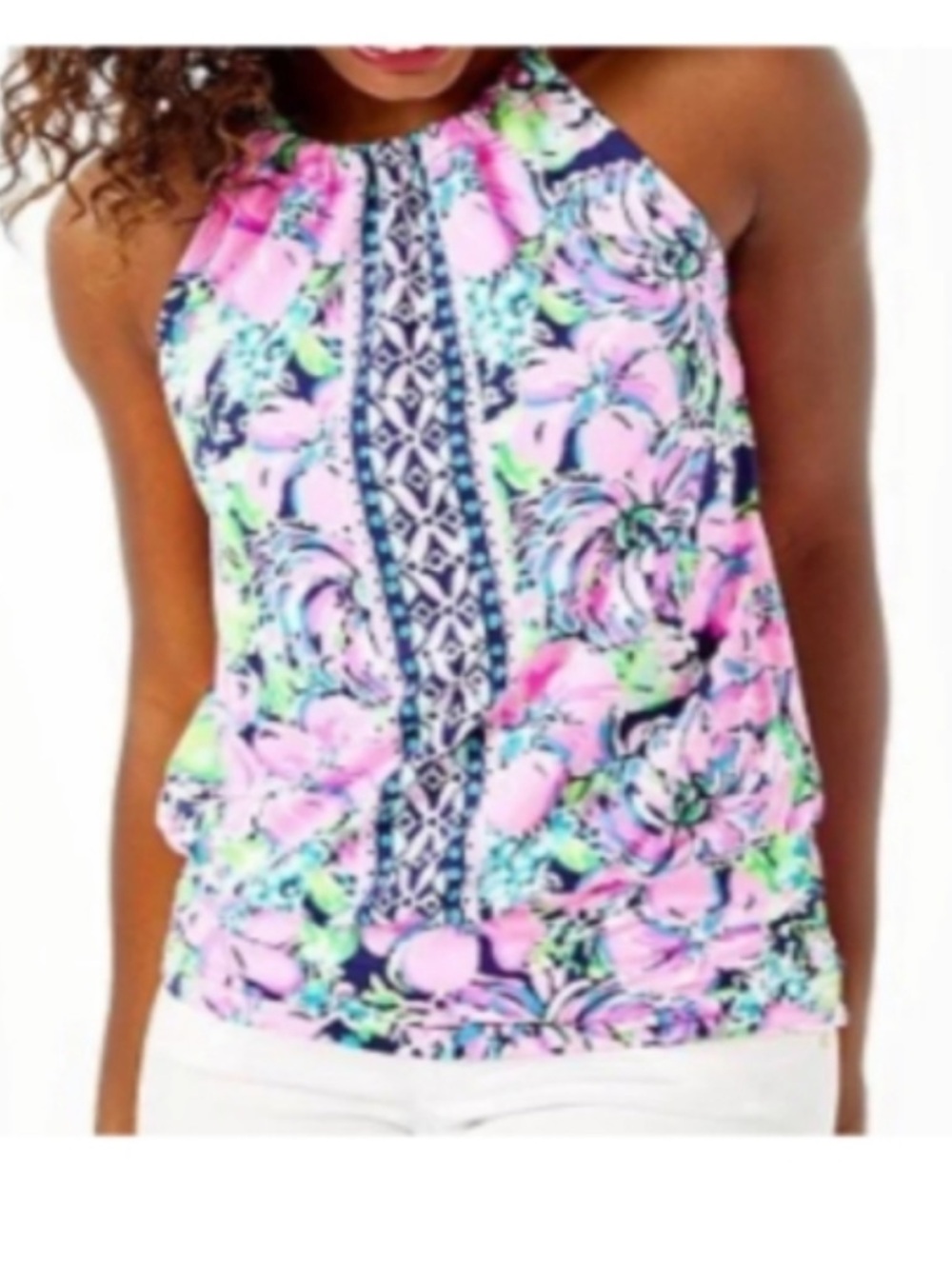 Lilly Pulitzer Vibrant Pink Floral Bowen Halter stretchy Top gold chain neck S